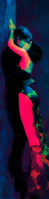 Free dark romance bookmark featuring a couple hugging in neon tones